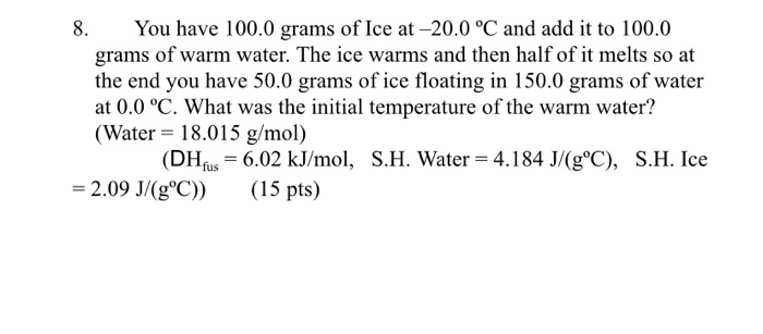 Solved 8. You have 100.0 grams of Ice at -20.0 °C and add it | Chegg.com