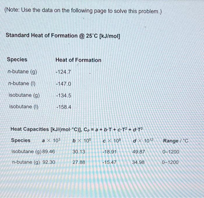 (Note: Use the data on the following page to solve this problem.)
Standard Heat of Formation@25. C [kJ/mol]