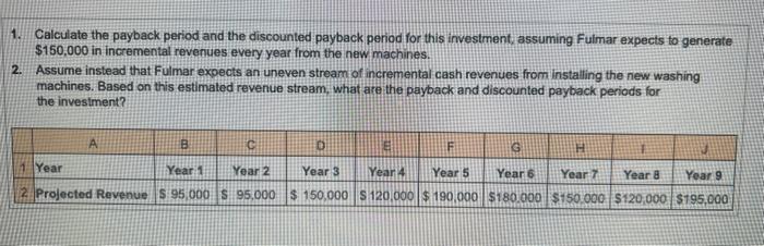 1. Calculate the payback period and the discounted payback period for this investment, assuming Fuimar expects to generate \(