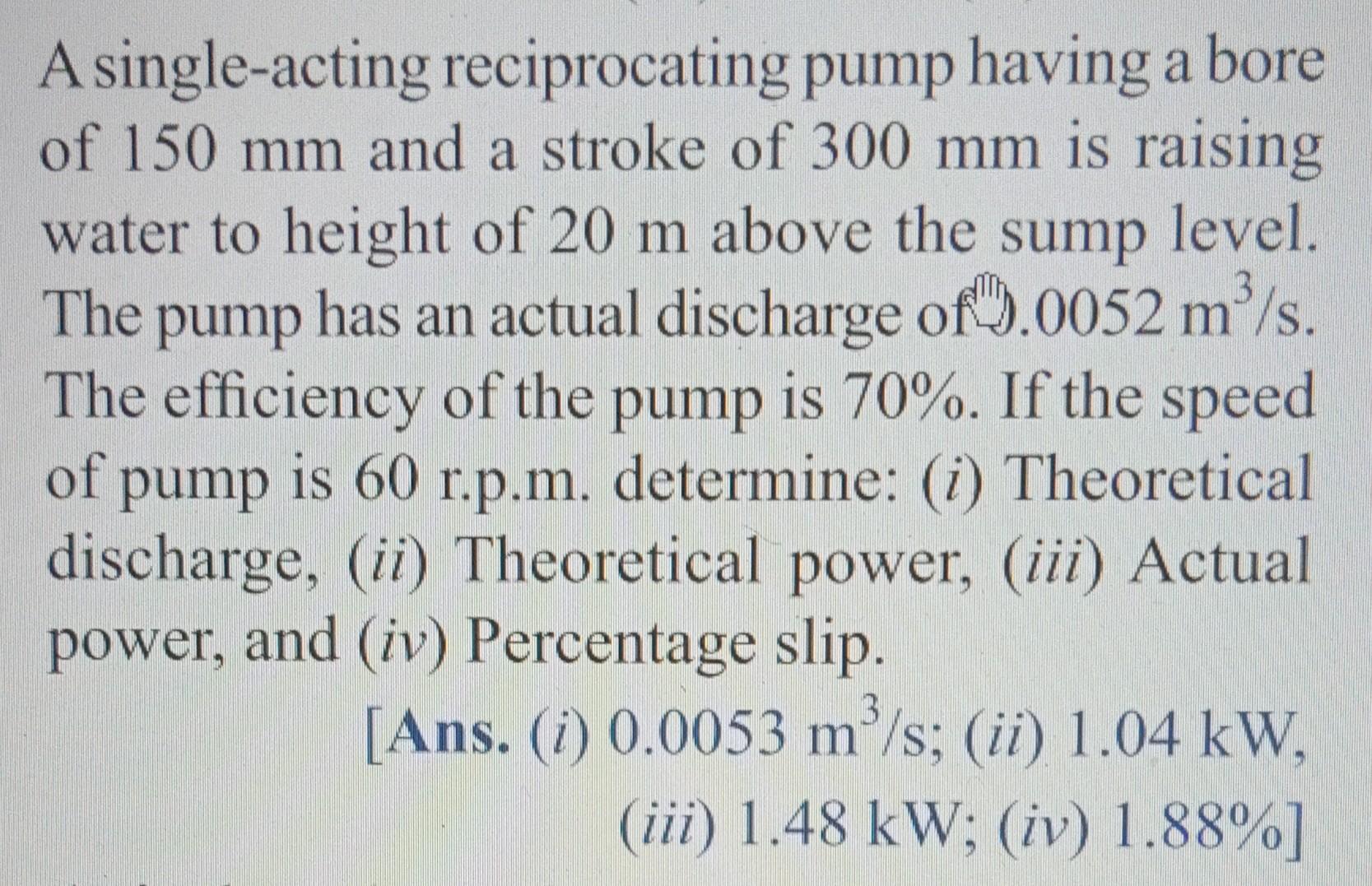 Solved m S A singleacting reciprocating pump having a bore