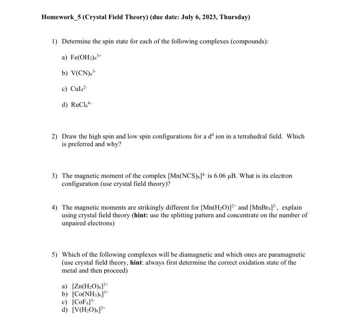 Solved Homework 5 (crystal Field Theory) (due Date: July 6, 