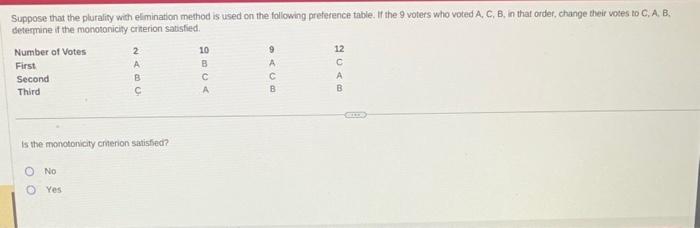 Suppose that the plurality with elimination method is used on the following preference table. if the 9 voters who voted A, C,