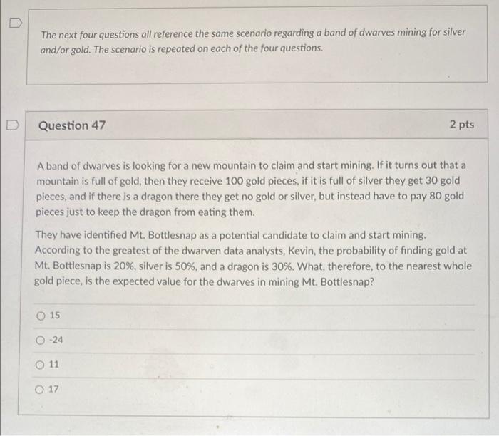 Solved The next four questions all reference the same | Chegg.com