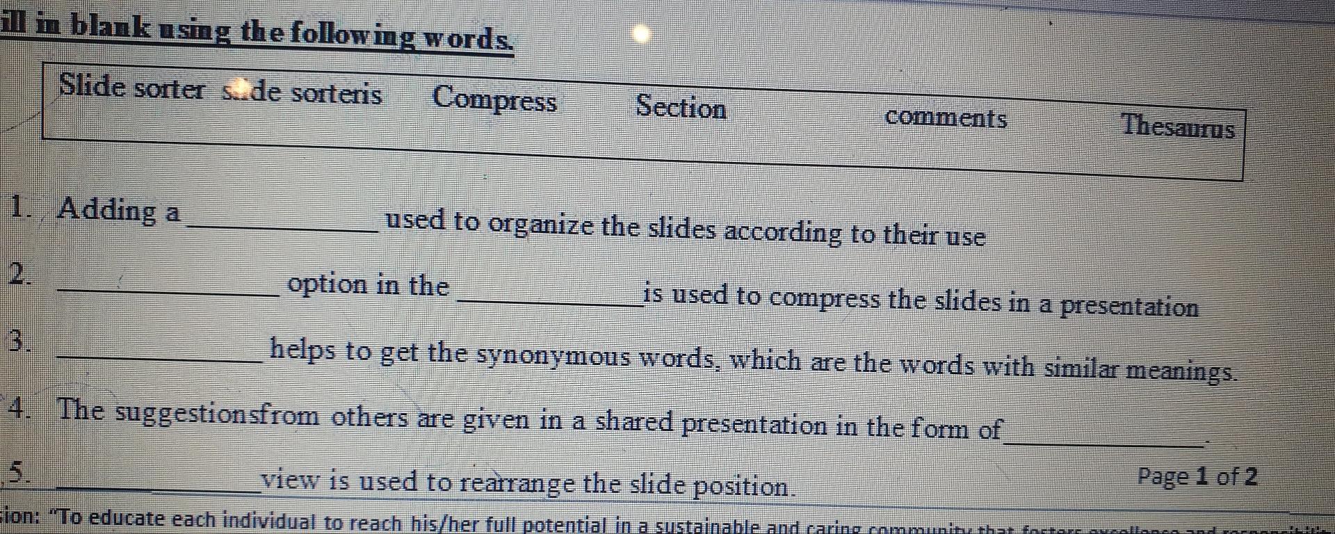 Solved ill in blank using the following words.\table[[Slide | Chegg.com