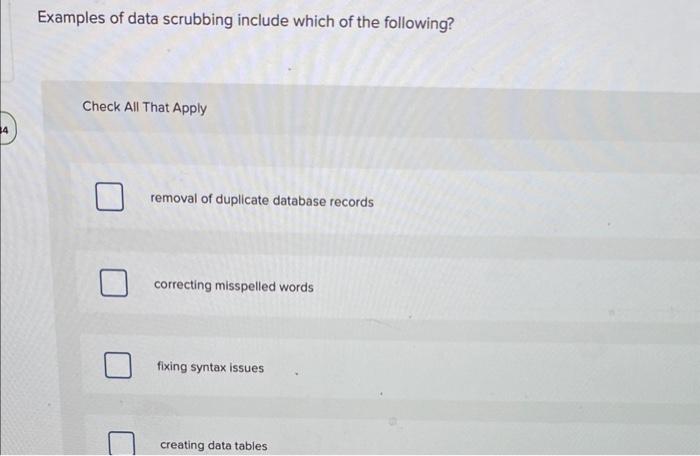 Solved Examples of data scrubbing include which of the | Chegg.com