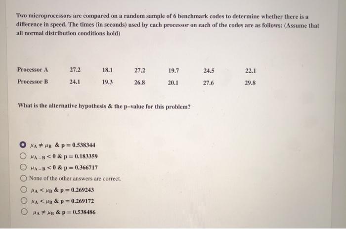 Solved Two microprocessors are compared on a random sample | Chegg.com