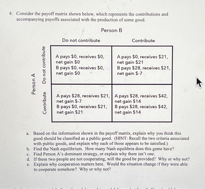 4. Consider the payoff matrix shown below, which represents the contributions and accompanying payoffs associated with the pr
