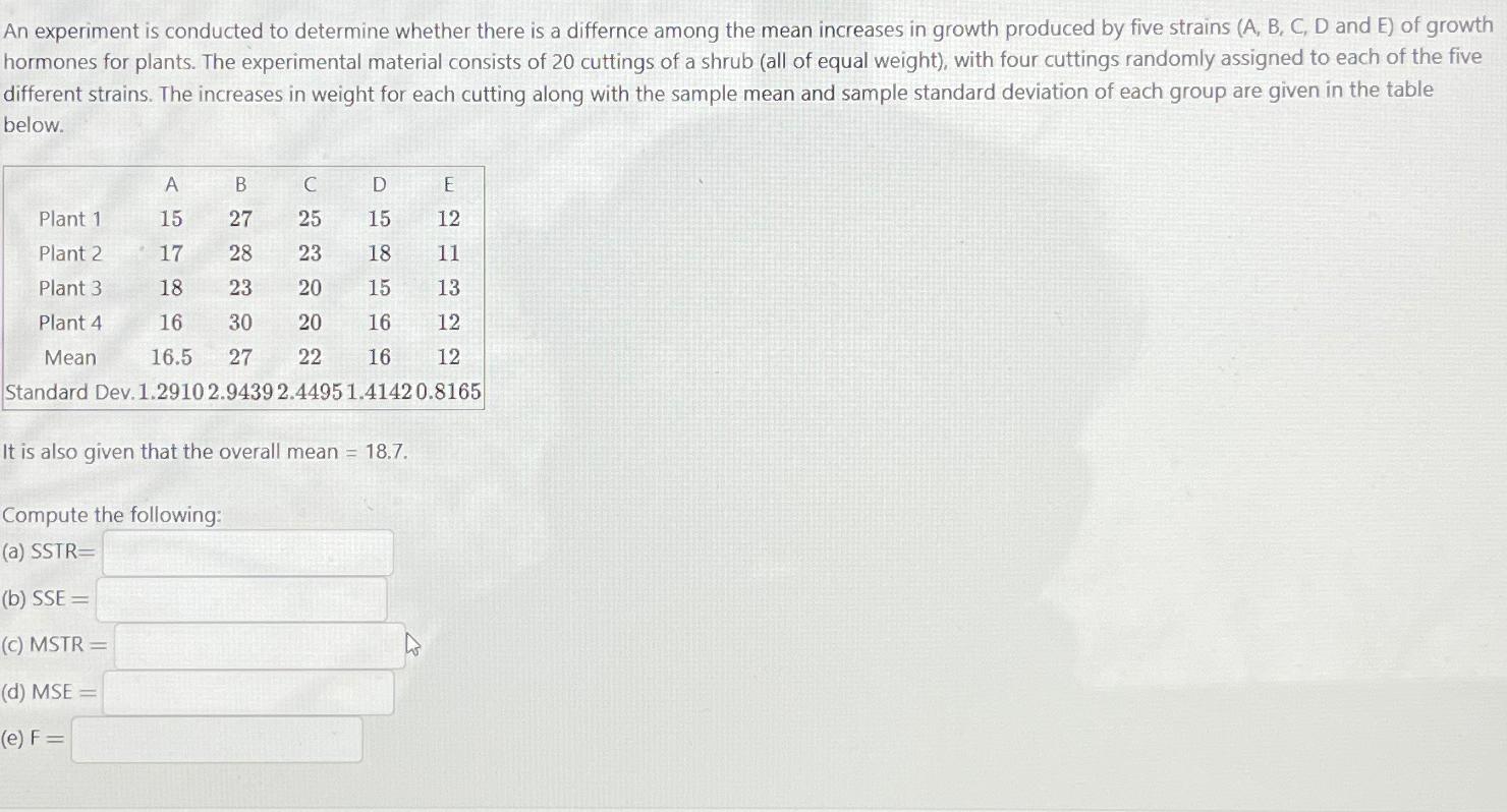 Solved An experiment is conducted to determine whether there | Chegg.com