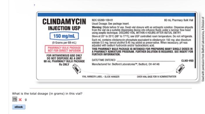 Solved CLINDAMYCIN NDC 55390-109-01 INJECTION USP 150 mg/mL | Chegg.com