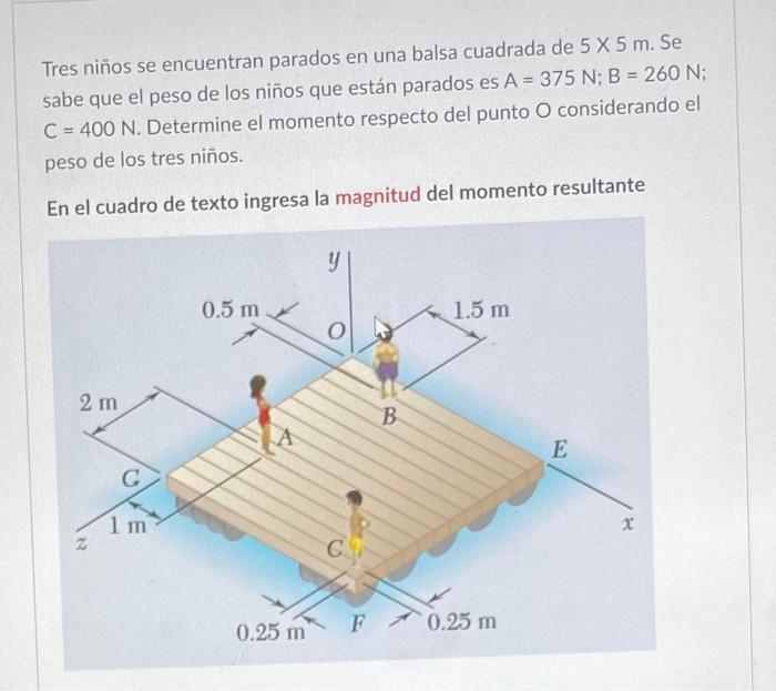 Tres niños se encuentran parados en una balsa cuadrada de \( 5 \times 5 \mathrm{~m} \). Se sabe que el peso de los niños que