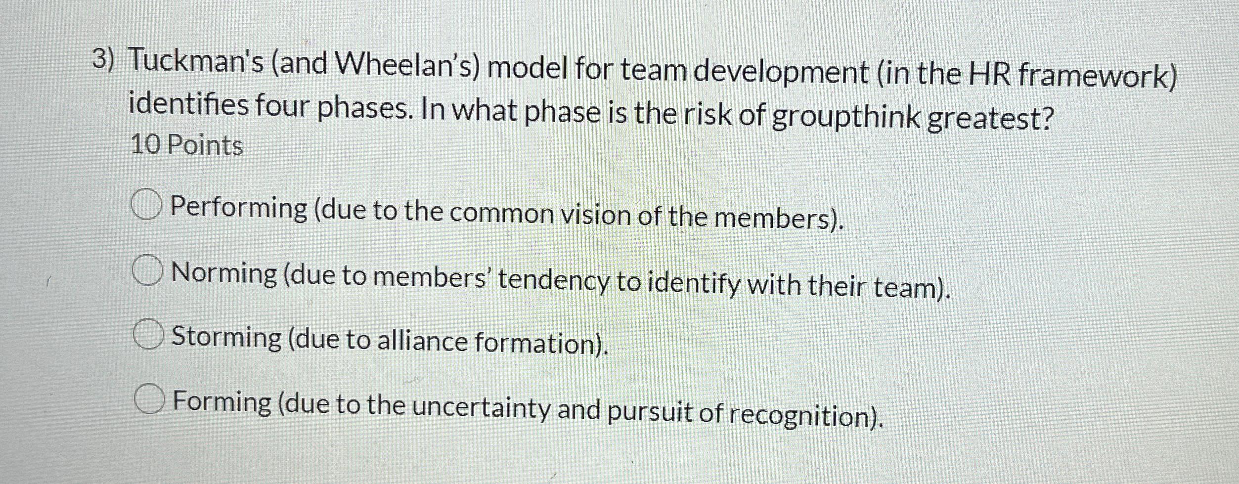 Solved Tuckman's (and Wheelan's) ﻿model for team development | Chegg.com