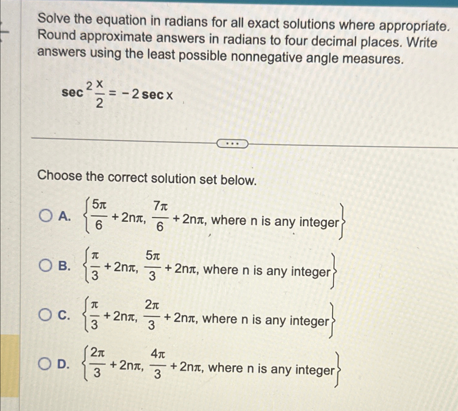 Solved Solve the equation in radians for all exact solutions | Chegg.com