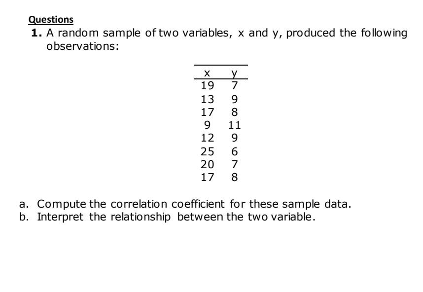Solved Questions 1. A random sample of two variables, x and | Chegg.com