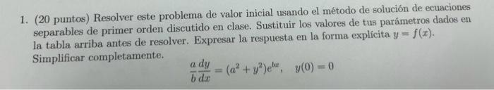 1. (20 puntos) Resolver este problema de valor inicial usando el método de solución de ecuaciones separables de primer orden