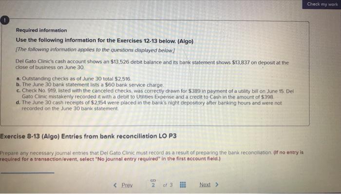 Solved Check my work Required information Use the following | Chegg.com