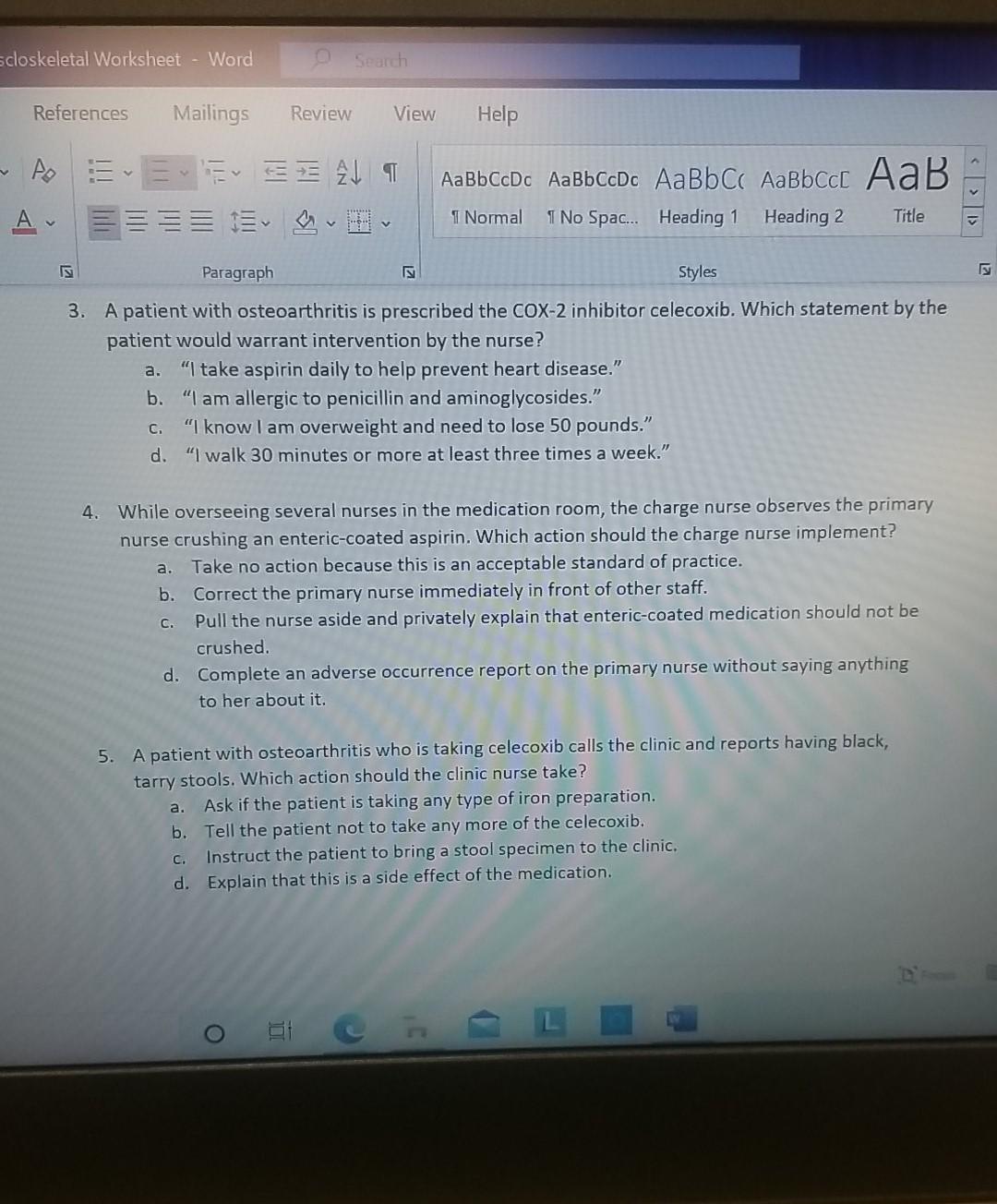 scloskeletal Worksheet - Word References Mailings Review View Help E 21 T Аавьссос Аавьссос Аавbc AaBbccc Аав A 1 Normal I No