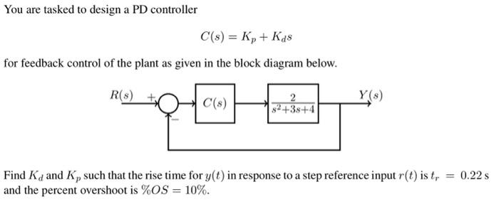 Solved You are tasked to design a PD controller C(s) = K, + | Chegg.com