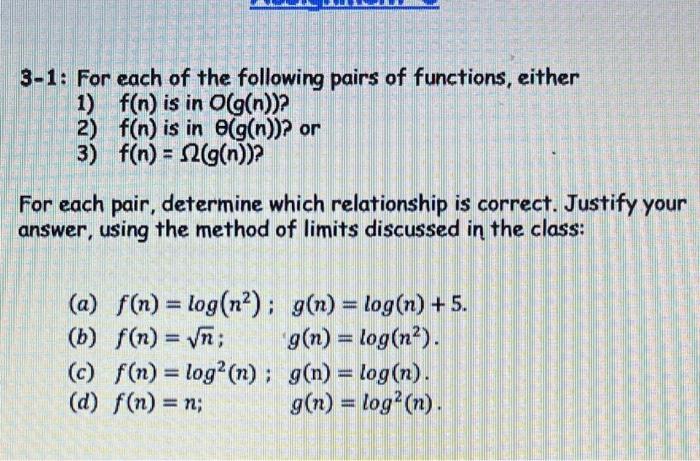 Solved 3-1: For each of the following pairs of functions, | Chegg.com