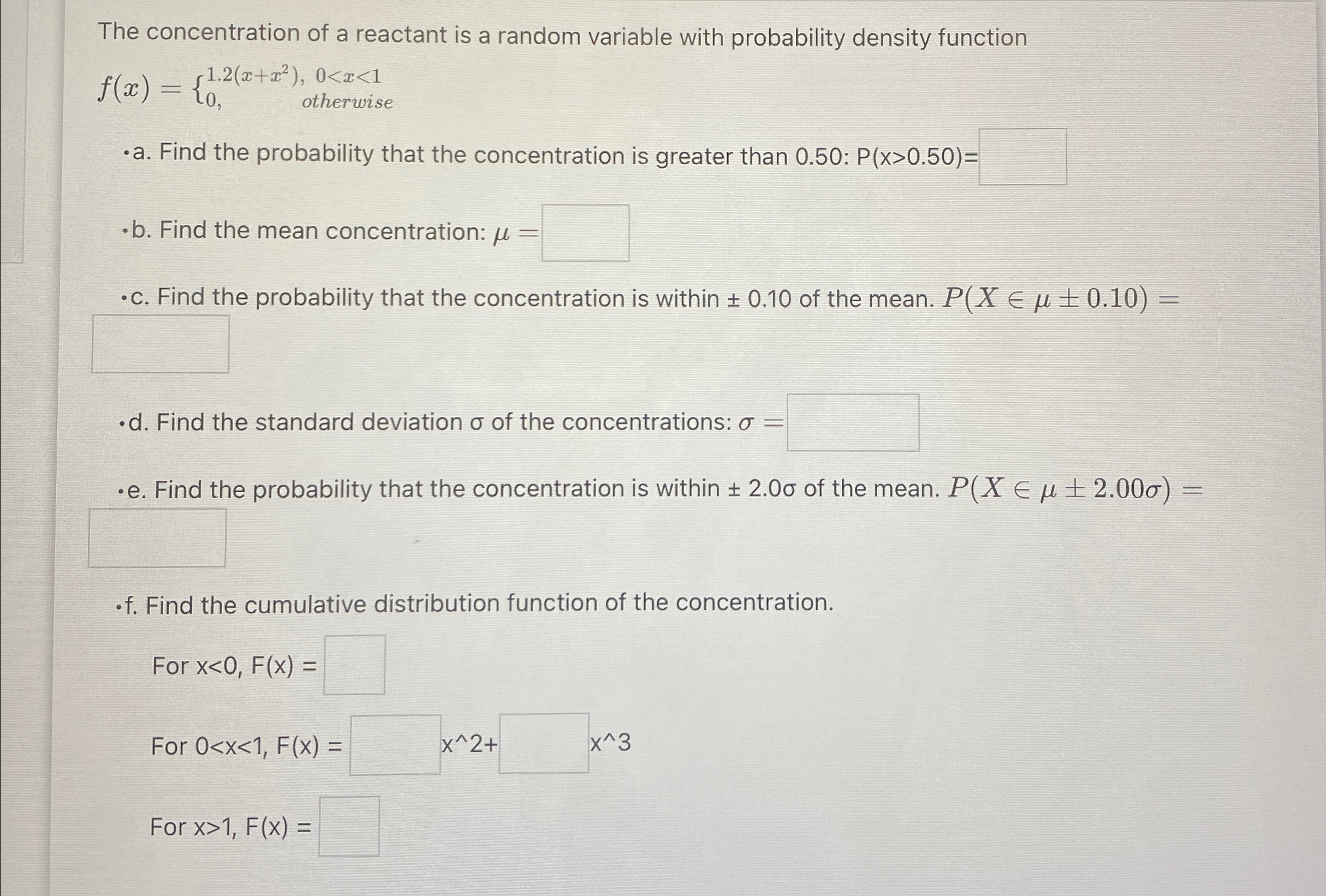 Solved The concentration of a reactant is a random variable | Chegg.com