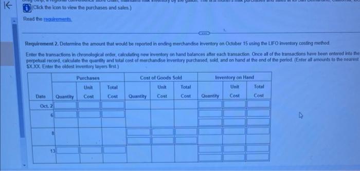 (i) (Ciok the icon to view the purthases and sales)
Read the requiremerts
Requirement 2. Determine the amourt that would be r