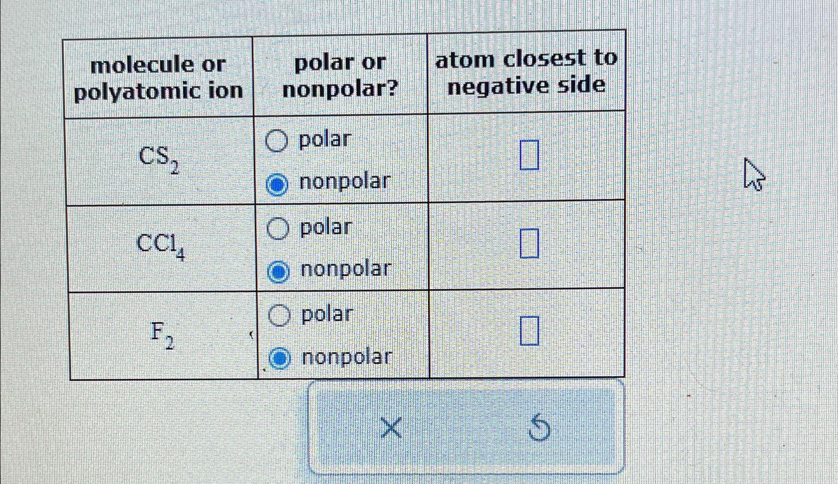 Solved \table[[\table[[molecule or],[polyatomic | Chegg.com