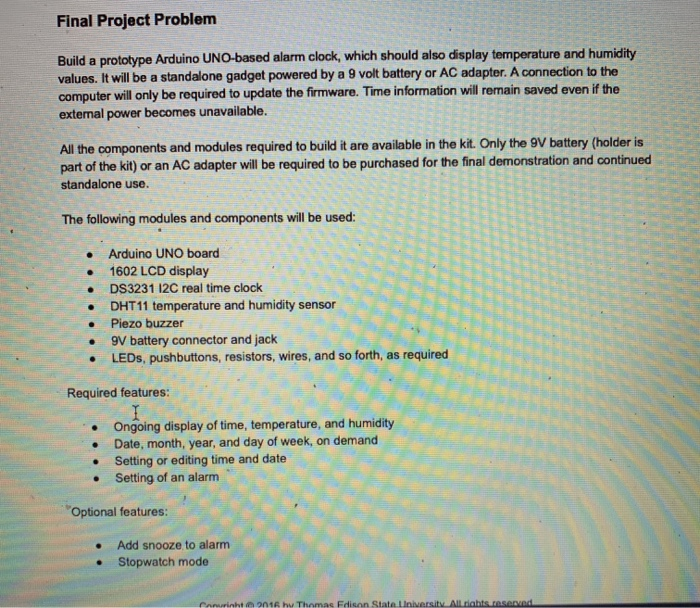 Final Project Problem Build a prototype Arduino | Chegg.com