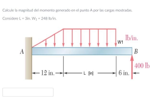 Calcule la magnitud del momento generado en el punto A por las cargas mostradas. Considere \( \mathrm{L}=3 \mathrm{in} . \mat