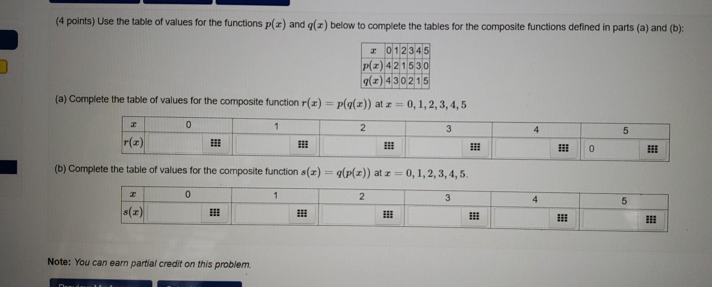 Solved (4 points) Use the table of values for the functions | Chegg.com