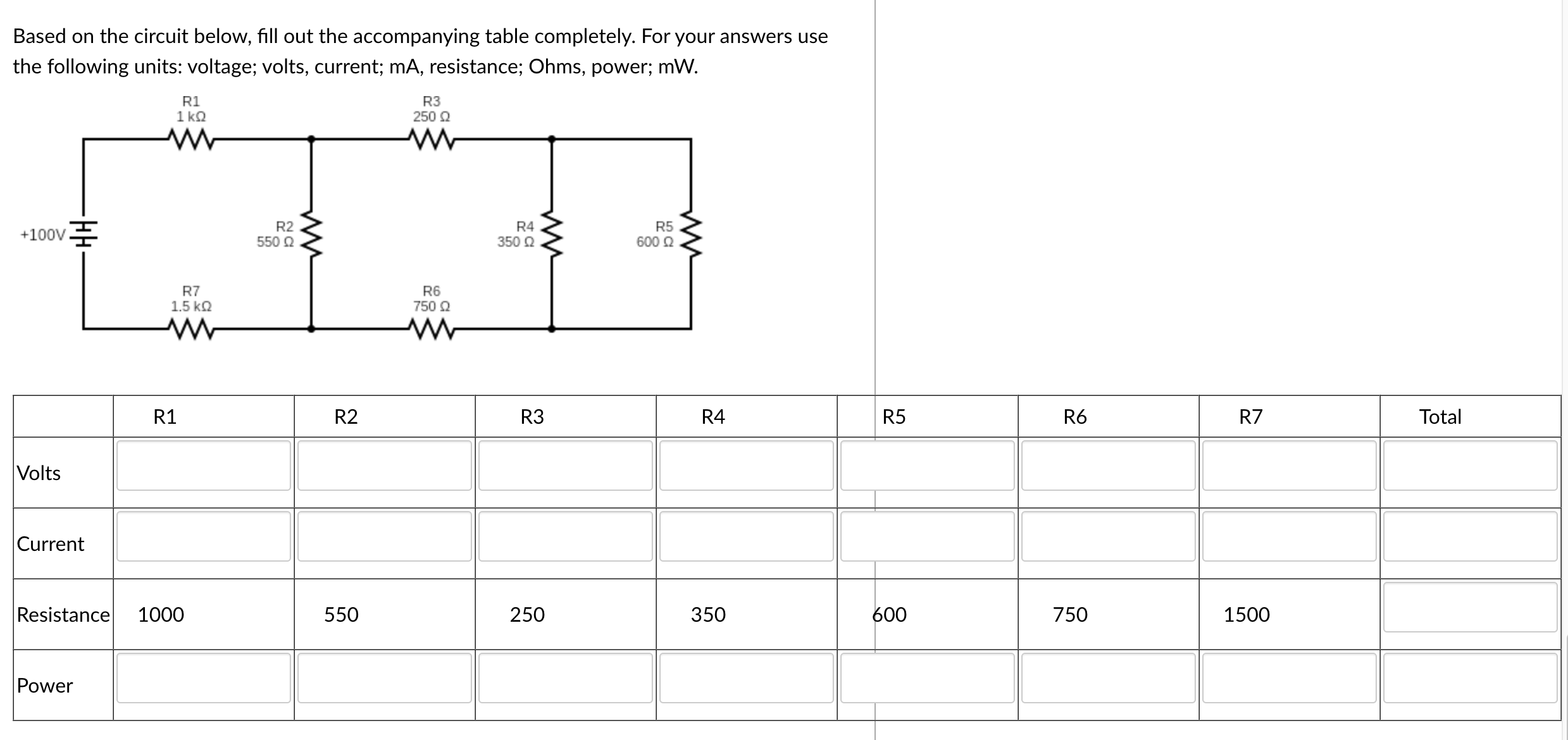 Power Table Fill In Solved Based on the circuit below, fill out the accompanying | Chegg.com