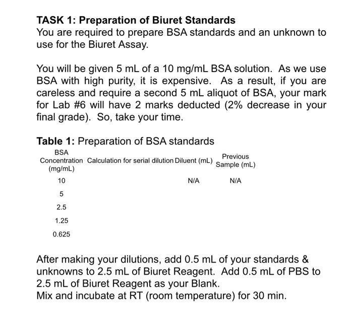 Solved TASK 1: Preparation of Biuret Standards You are | Chegg.com