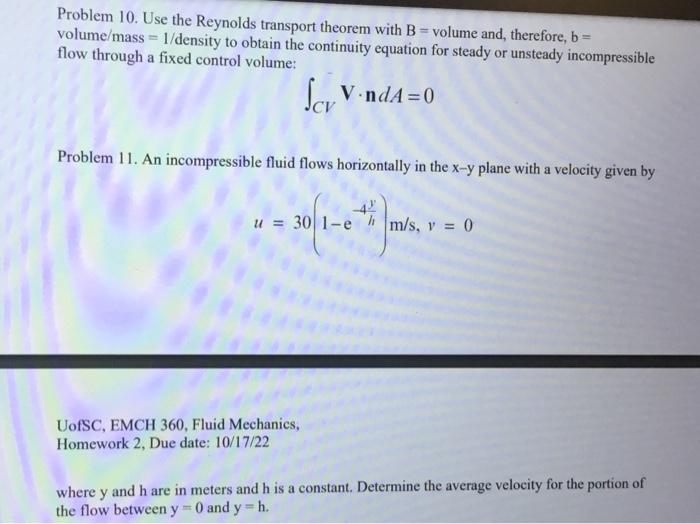 Solved Problem 10. Use The Reynolds Transport Theorem With | Chegg.com