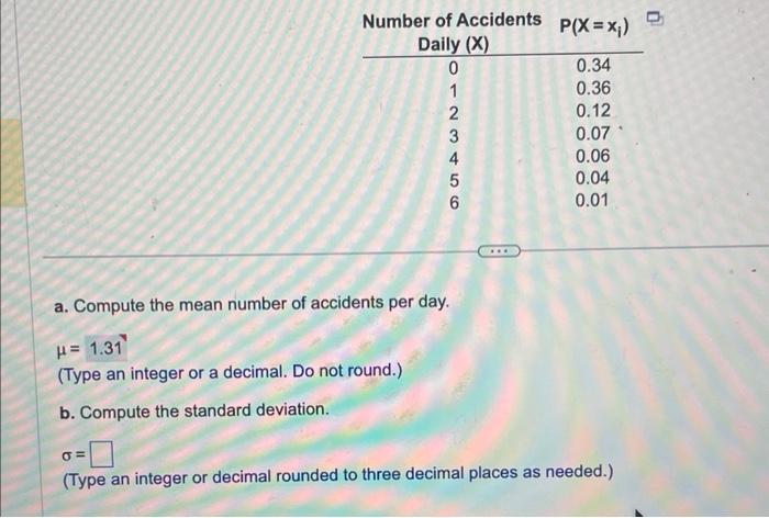 Solved a. Compute the mean number of accidents per day. | Chegg.com