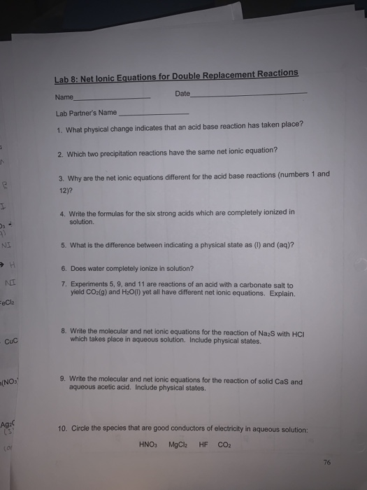 Lab 8: Net lonic Equations for Double Replacement | Chegg.com