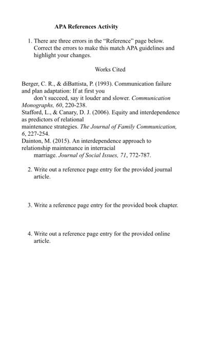 Solved APA References Activity 1. There are three errors in | Chegg.com