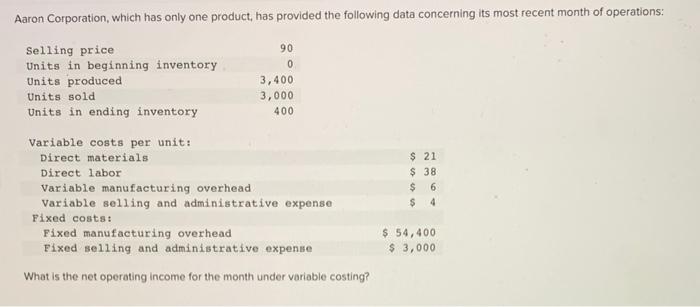 Solved What is the net operating income for the month under | Chegg.com