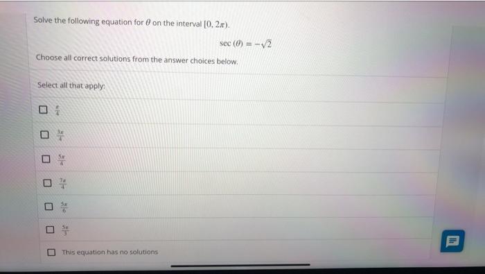 Solved Solve the following equation for on the interval [0, | Chegg.com