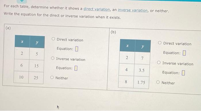 Solved For each table, determine whether it shows a direct | Chegg.com