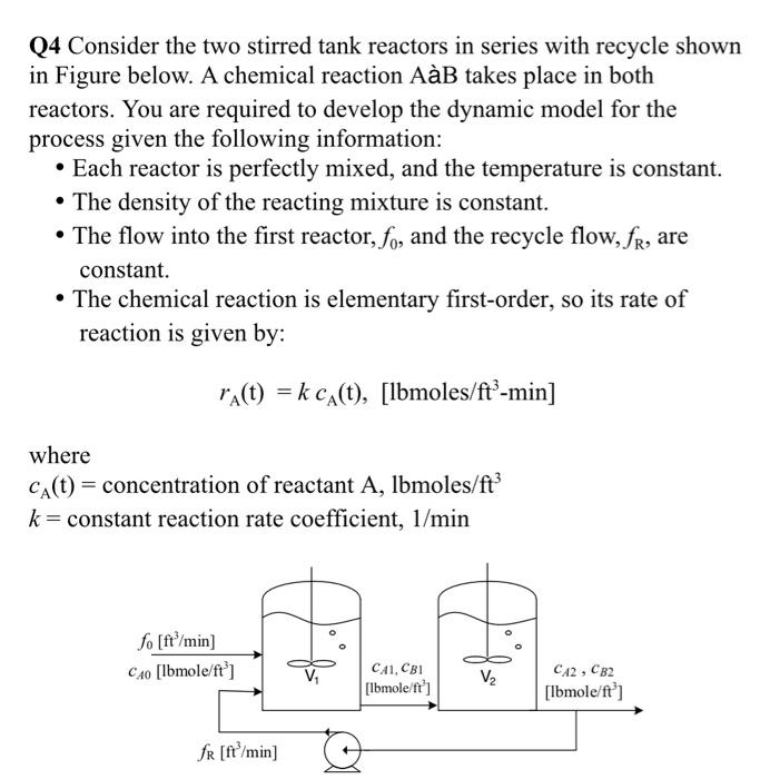 Solved Q4 Consider the two stirred tank reactors in series | Chegg.com
