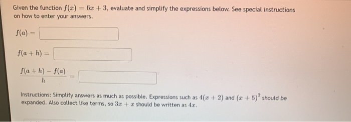 Solved Given the function f(x) = 6x +3, evaluate and | Chegg.com