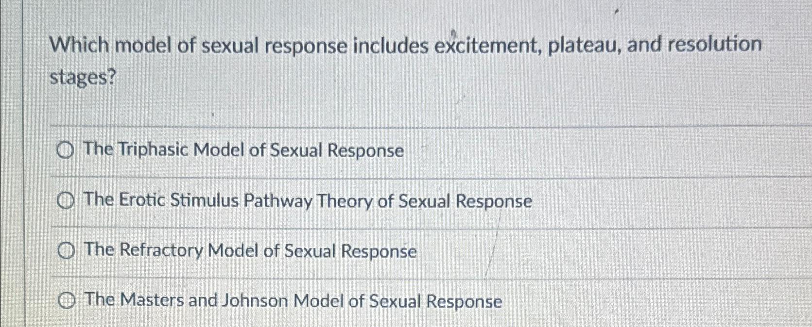 Solved Which model of sexual response includes excitement, | Chegg.com