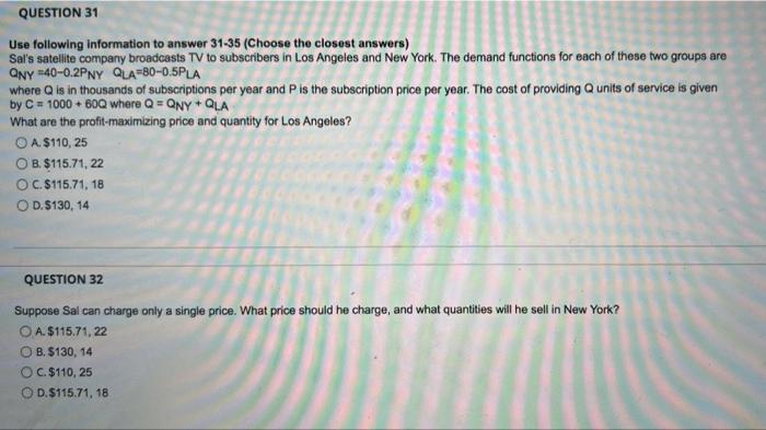 Solved QUESTION 31 Use following information to answer 31-35 | Chegg.com