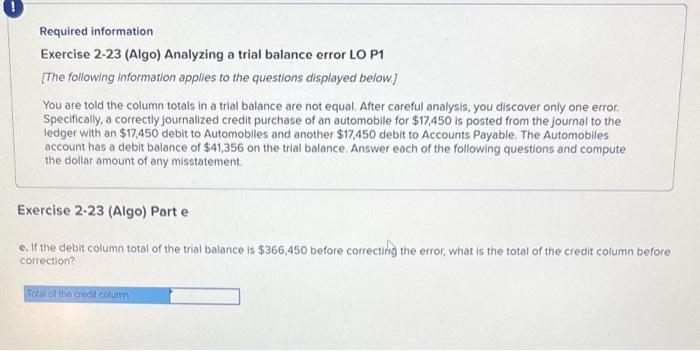 Solved Required information Exercise 2-23 (Algo) Analyzing a | Chegg.com