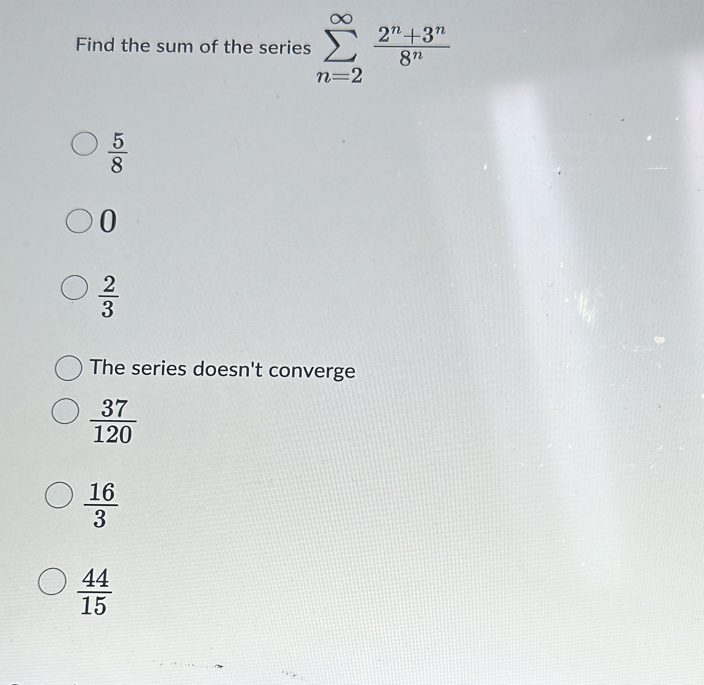 Solved Find the sum of the series ∑n=2∞2n+3n8n58023The | Chegg.com
