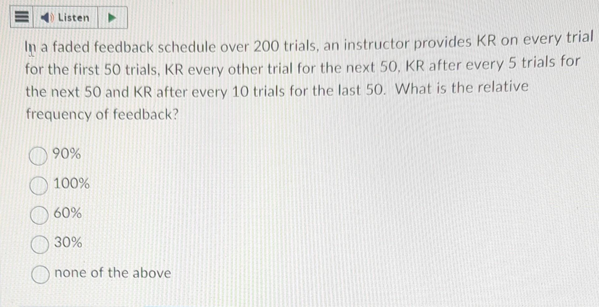 Solved In a faded feedback schedule over 200 trials, an