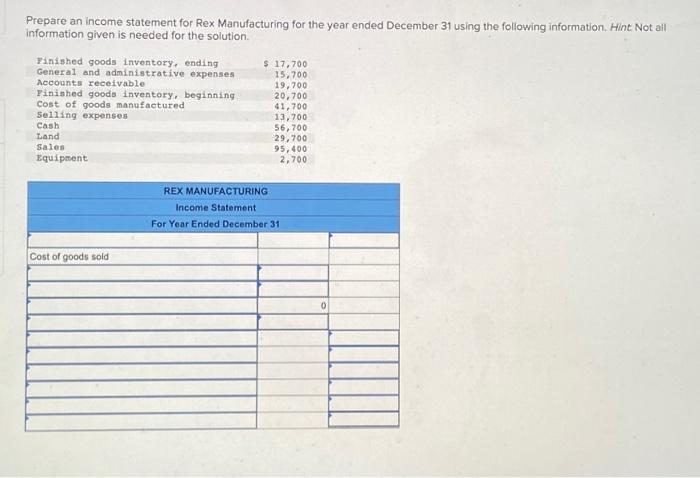 Solved Prepare an income statement for Rex Manufacturing for | Chegg.com