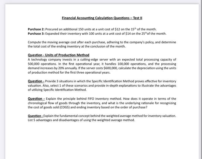 Solved Financial Accounting Calculation Questions - Test II | Chegg.com