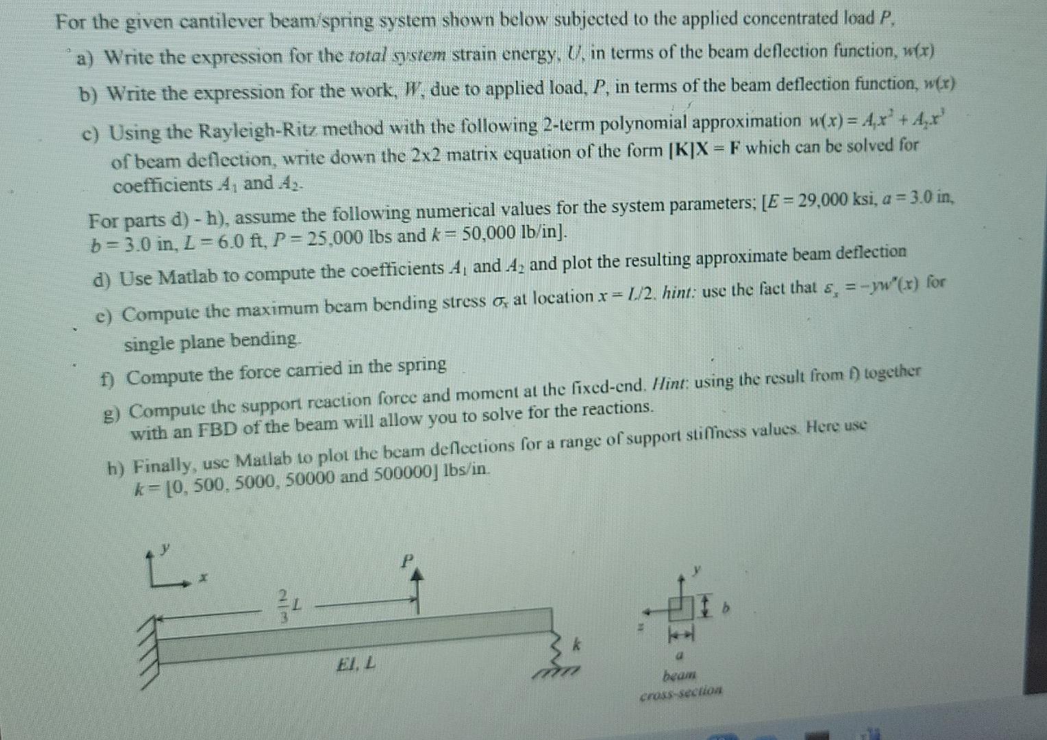 Solved For the given cantilever beam/spring system shown | Chegg.com