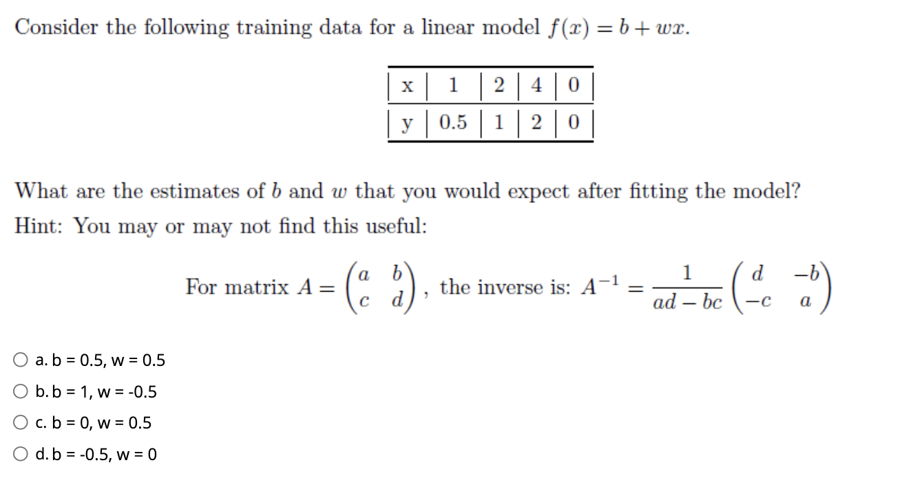 Solved Consider the following training data for a linear | Chegg.com
