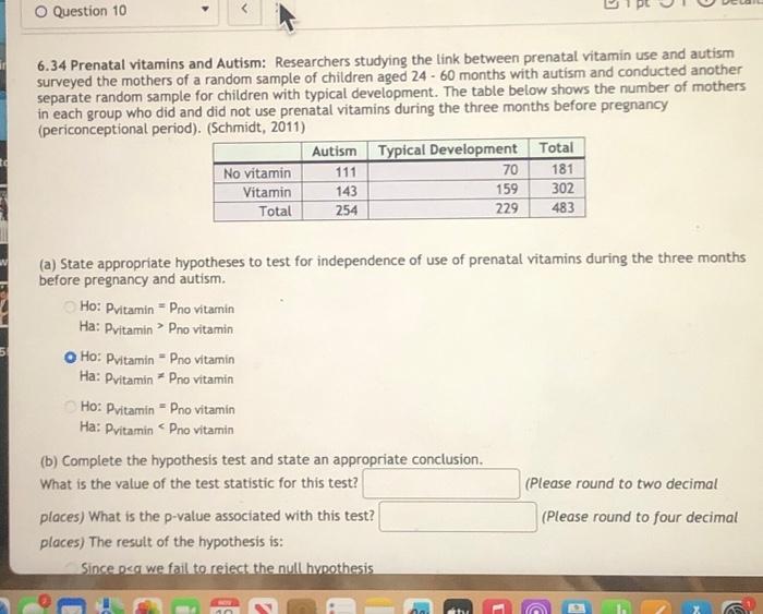 Solved 6.34 Prenatal vitamins and Autism Researchers