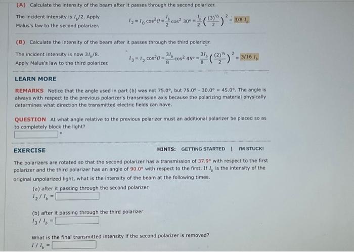 Solved (A) Calculate the intensity of the beam after it | Chegg.com